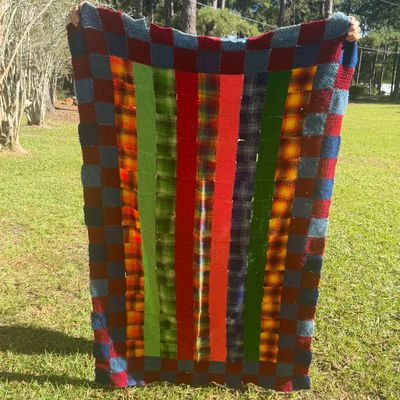 Sale Photo Thumbnail #9: Handmade vintage crochet blanket featuring a colorful striped center panel bordered by a checkered pattern in shades of blue, red, green, and orange.