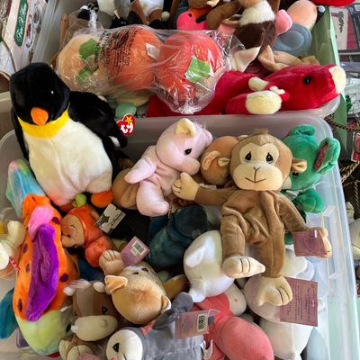 Sale Photo Thumbnail #6: Large collection of vintage plush stuffed animals, including Ty Beanie Babies and Precious Moments Tender Tails, stored in clear plastic bins.