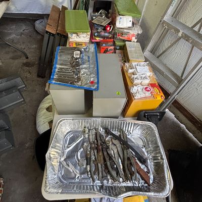 Sale Photo Thumbnail #26: Assorted workshop hand tools, hardware containers, and metal filing drawers 