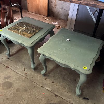 Sale Photo Thumbnail #95: Pair of vintage French Provincial style side tables painted in a sage green finish, featuring cabriole legs and contoured tops.