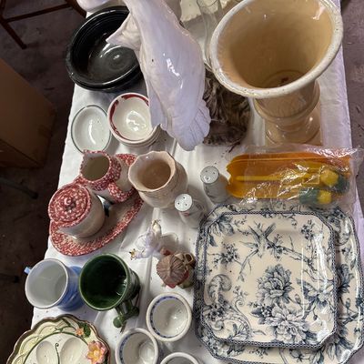 Sale Photo Thumbnail #59: Collection of tabletop decor and ceramics, including a blue and white toile pattern serving platter and plate, ceramic bird figurines, and a floral deviled egg dish.