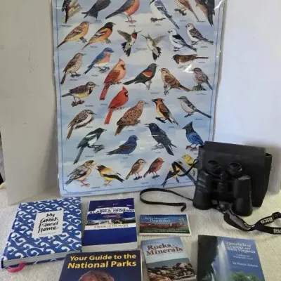 Traveling Books, Tasco Binoculars & Bird Poster