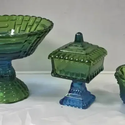 Three Piece Blue & Green Glass Set