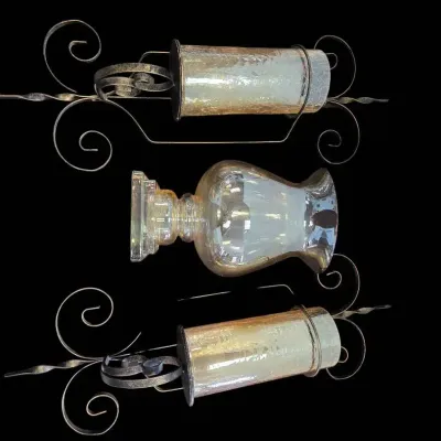 Vintage Wall Sconces Candle Holders Amber Crackle Glass & Amber-Tinted Glass Hurricane Vase 