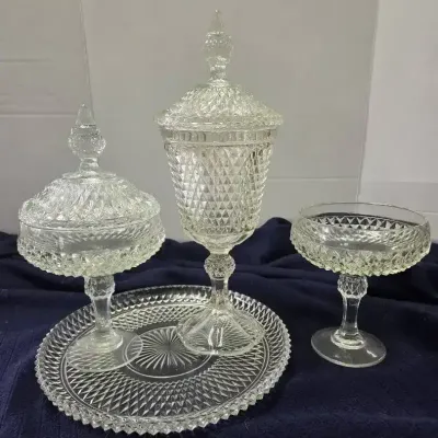 Vintage Indiana Glass Diamond Point Clear Pressed Glass Apothecary Jars, Compotes, And Matching Tray