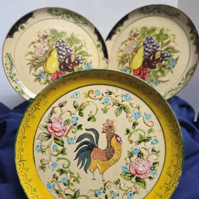  ISCO Hand Painted Paper Mache Rooster And Fruit Plates