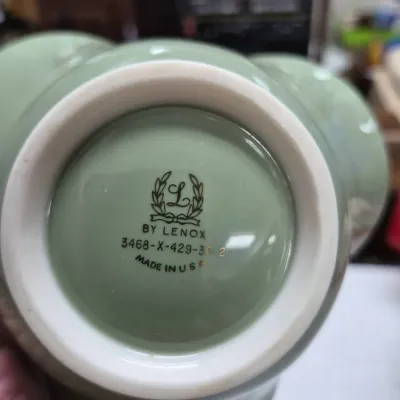 Sale Photo Thumbnail #204: Bottom stamp of a sage green Lenox ceramic piece, model number 3468-X-429-30-2, made in USA.
