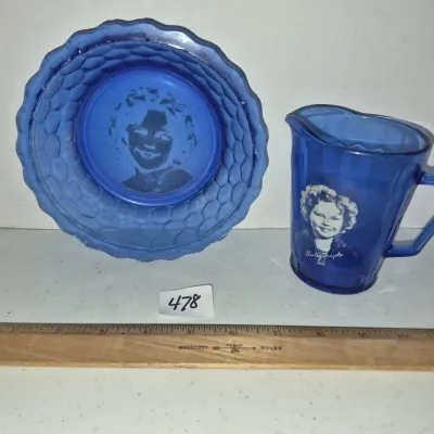 Sale Photo Thumbnail #822: Vintage cobalt blue Shirley Temple glass bowl and matching pitcher set by General Mills from the 1930s.
