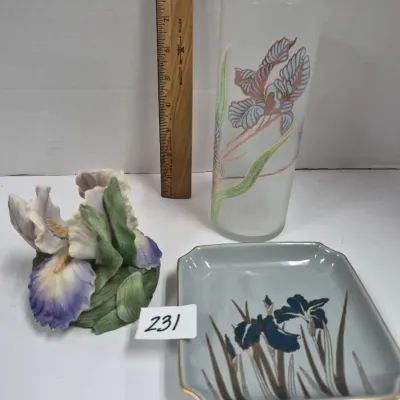 Sale Photo Thumbnail #396: Trio of iris-themed decorative items including a porcelain iris figurine, a frosted glass vase with hand-painted irises, and a ceramic trinket tray.