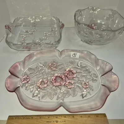 Sale Photo Thumbnail #330: Three-piece set of Walther Glas molded clear and frosted glassware with pink floral accents, including a platter, square dish, and bowl.