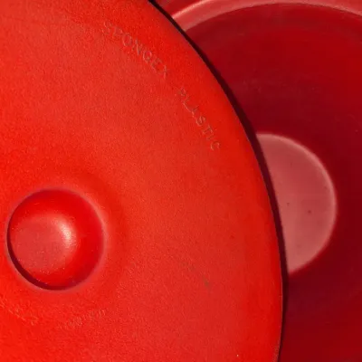 Sale Photo Thumbnail #563: Vintage red Spongex Plastic ice bucket with matching lid.