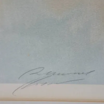 Sale Photo Thumbnail #528: Close-up detail showing an artist's handwritten signature in pencil on a piece of matted artwork.
