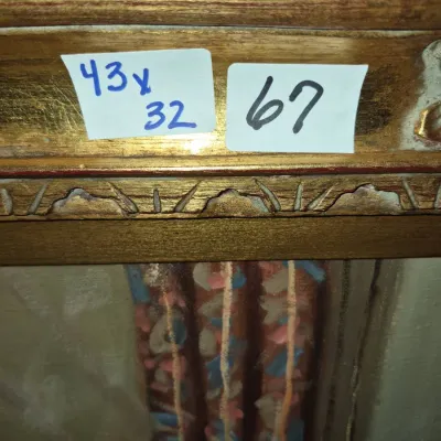 Sale Photo Thumbnail #101: Framed oil painting featuring a gilt ornate frame, labeled with dimensions 43 by 32 inches.