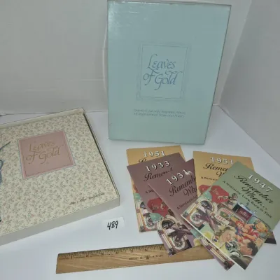 Sale Photo Thumbnail #837: Vintage Leaves of Gold inspirational poetry album with original box, accompanied by a collection of Remember When nostalgic booklets from various years.