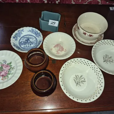 Sale Photo Thumbnail #45: Collection of vintage ceramics, including transferware dishes, brown stoneware pots, a blue glazed square container, and wheat-patterned bowls.