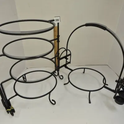 Sale Photo Thumbnail #419: Black wrought iron buffet serving set featuring a tiered plate stand and a chafing dish holder with utensil and candle attachments.