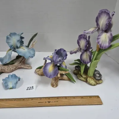 Sale Photo Thumbnail #384: Set of three vintage painted bisque porcelain iris figurines featuring realistic botanical detailing, including one light blue bloom with a detached petal and two purple blossoms, measured alongside a 12-inch ruler.