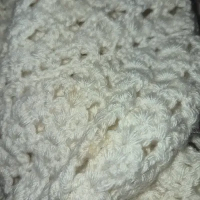 Sale Photo Thumbnail #71: Handmade cream-colored crocheted textile featuring a repeating shell stitch pattern.
