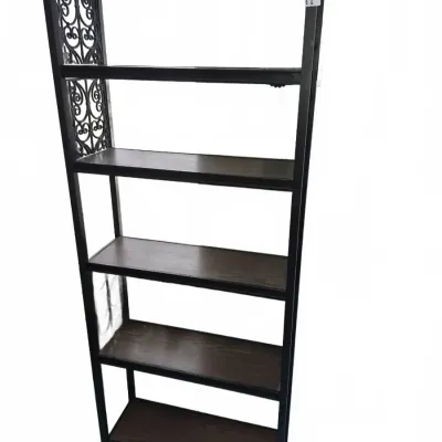 Sale Photo Thumbnail #728: Tall dark wood and wrought iron five-tier baker's rack featuring decorative scrollwork side panels and finial accents.