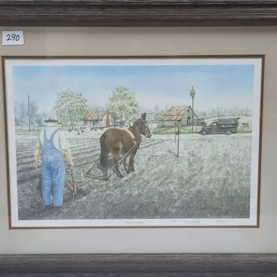 Sale Photo Thumbnail #513: Framed and matted art print titled "Brighter Days" by Jerry Locklair, depicting a farmer plowing a field with a mule.