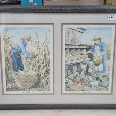 Sale Photo Thumbnail #484: Framed dual-print artwork by Don and Jerry LeClaire depicting rural farm life scenes, titled "Breakin' Corn" and "Gatherin' Eggs."