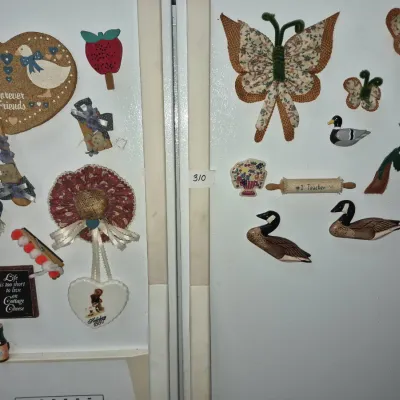 Sale Photo Thumbnail #545: Collection of vintage refrigerator magnets and country-style decorations displayed on a white refrigerator door, including fabric butterflies, ducks, and various novelty plaques.