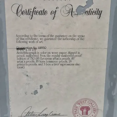 Sale Photo Thumbnail #507: Park West Gallery Certificate of Authenticity for a signed and numbered seriolithograph in color, registration number 118950.