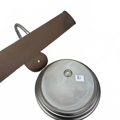 Sale Photo Thumbnail #130: Brown gooseneck desk lamp with an elongated shade alongside a flush-mount ceiling light fixture featuring marbled glass and a brushed metal trim.