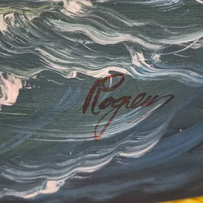 Sale Photo Thumbnail #500: Close-up detail of an artist's signature 'Rogers' in red script on a textured oil painting depicting ocean waves.