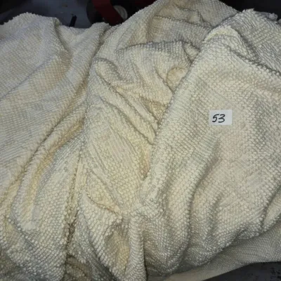 Sale Photo Thumbnail #85: Vintage off-white chenille candlewick bedspread featuring textured chenille tufting and fringed edges.