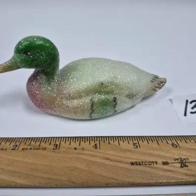 Sale Photo Thumbnail #215: Vintage frosted glass mallard duck figurine with sugar beaded texture, measuring approximately five inches long.