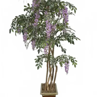 Sale Photo Thumbnail #115: Tall artificial wisteria tree featuring natural wooden trunks and cascading purple flowers set in an ornate pedestal planter.