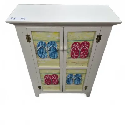 Sale Photo Thumbnail #183: White coastal-style two-door accent cabinet featuring colorful flip-flop artwork on the door panels.