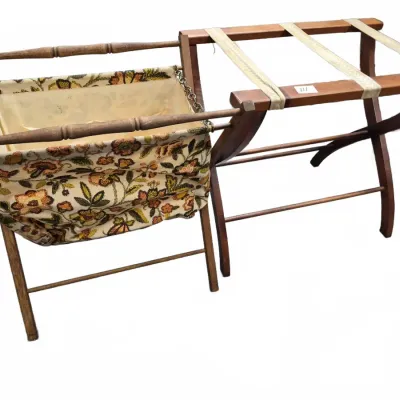 Sale Photo Thumbnail #182: Vintage folding wood magazine rack with floral tapestry sling alongside a wooden folding luggage rack with fabric straps.
