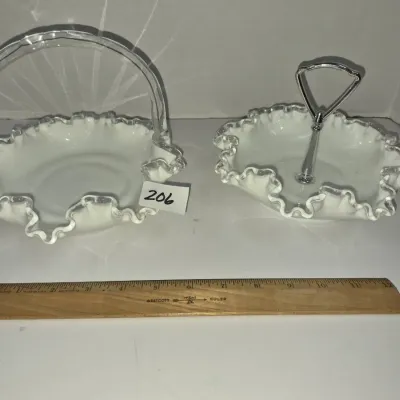 Sale Photo Thumbnail #351: Fenton milk glass basket and center-handled dish with ruffled Silver Crest rims, mid-20th century.