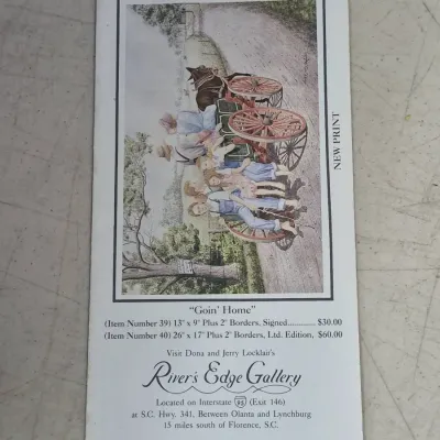 Sale Photo Thumbnail #483: Vintage promotional brochure for art prints by Dona & Jerry Locklair, featuring their artwork 'Goin' Home' and details for River's Edge Gallery.