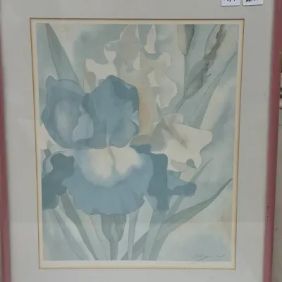 Sale Photo Thumbnail #527: Framed floral watercolor painting depicting blue and cream irises, housed in a mauve-pink frame with a white mat.
