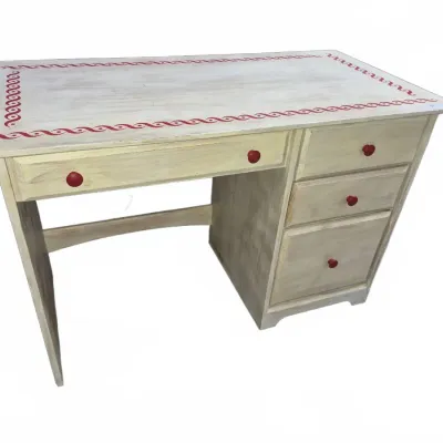 Sale Photo Thumbnail #60: Hand-painted wooden desk featuring a light whitewash finish, red wave-patterned border detailing on the top surface, and contrasting red round knobs on four drawers.