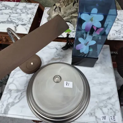 Sale Photo Thumbnail #129: Collection of tabletop decor and fixtures, including a brown gooseneck desk lamp, a frosted glass flush-mount ceiling light fixture, and a fiber optic floral light box.