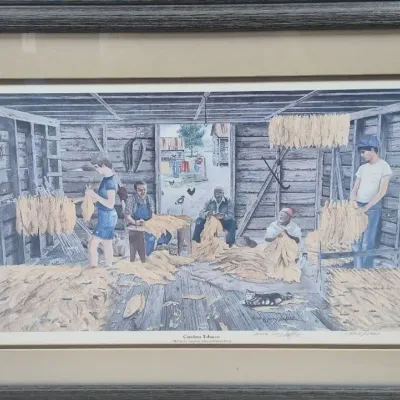 Sale Photo Thumbnail #474: Framed and matted limited edition art print titled "Carolina Tobacco" by Don and Jerry LaLonde, depicting tobacco barn workers.