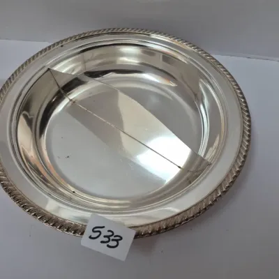 Sale Photo Thumbnail #921: Vintage silver-plated divided serving dish featuring a gadrooned rope-twist rim and a central divider.