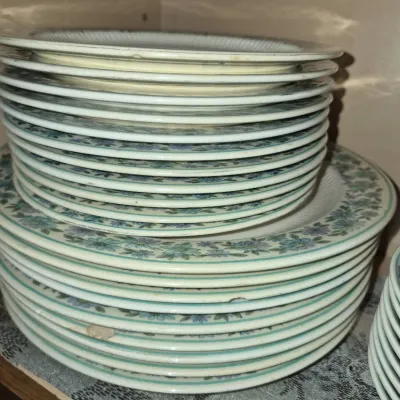 Sale Photo Thumbnail #636: Stack of ceramic dinner plates and salad plates with a blue floral rim design, showing minor chips from use.