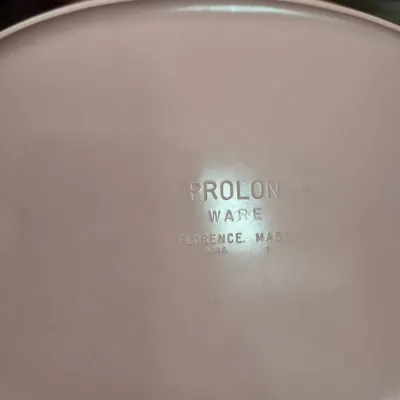 Sale Photo Thumbnail #672: Bottom of a vintage pink Prolon Ware melamine serving platter, made in Florence, Mass., showing model number 9946.