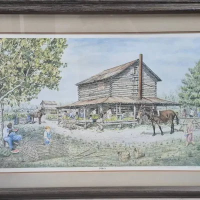 Sale Photo Thumbnail #468: Framed and matted art print titled "Puttin In" by Dempsey Essick, depicting a rural tobacco farm scene, presented in a dark wooden frame.