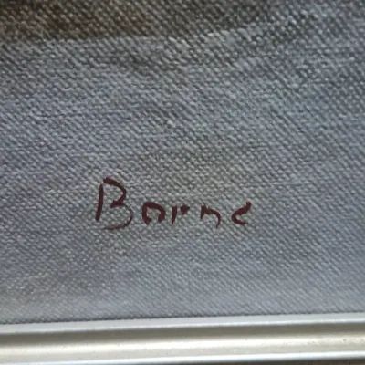 Sale Photo Thumbnail #491: Close-up detail of an artist's signature reading 'Borne' in dark red paint on a textured canvas.