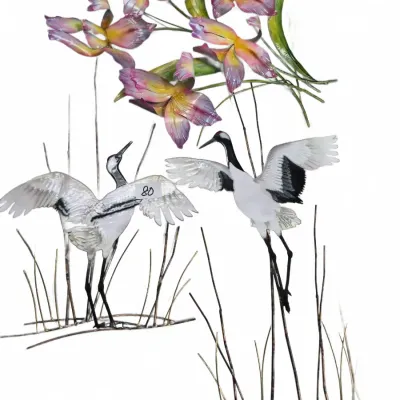 Sale Photo Thumbnail #128: Vintage painted metal wall sculptures featuring a pair of cranes and a cluster of purple irises.