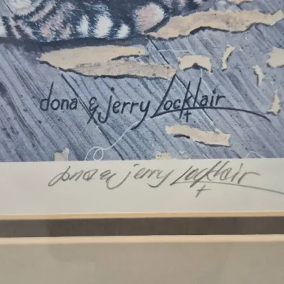 Sale Photo Thumbnail #475: Framed art print featuring a cat, pencil-signed by artists Dona & Jerry Locklair on the lower margin.