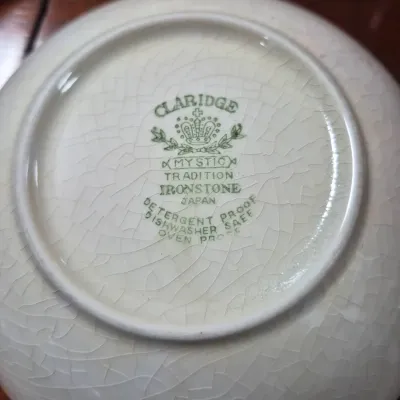 Sale Photo Thumbnail #57: Underside of a vintage Claridge "Mystic" pattern ironstone dish made in Japan, showing maker's mark and crazing on the glaze.