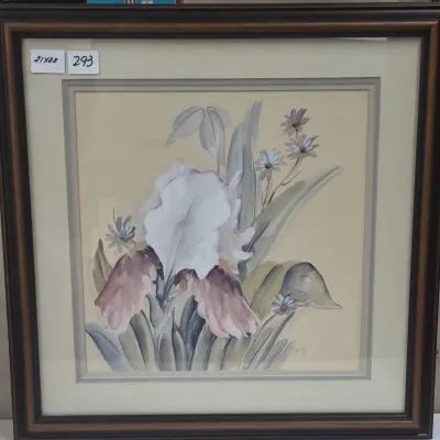 Sale Photo Thumbnail #521: Framed floral watercolor painting depicting an iris with soft muted tones, housed under glass in a layered wood frame.