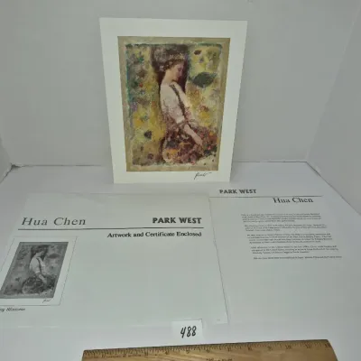 Sale Photo Thumbnail #836: Hua Chen art print titled "Gathering Blossoms" from Park West Gallery, presented with its accompanying certificate of authenticity and biographical document.